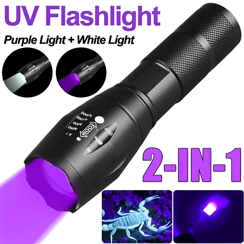 

Purple White Dual Light Flashlight Ultraviolet Torch Zoom Retractable Uv Flashlight Fluorescent Agent Detection Lighting Lamp