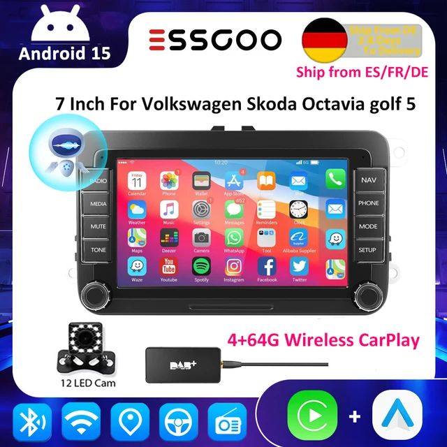Autoradio Android 15 7/9 pouces avec CarPlay sans fil, lecteur multimédia vidéo, RDS, Airplay, Android Auto, stéréo audio pour VW/Seat/Skoda/Passat/Golf/ 1