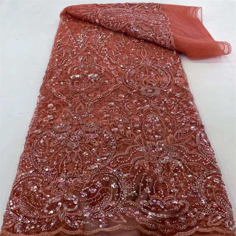 

2023High Quality African Nigerian Beads Latest Tulle Lace Fabric Embroidery Sewing Organza Prom Dresses Sequins 5Yards WS23757
