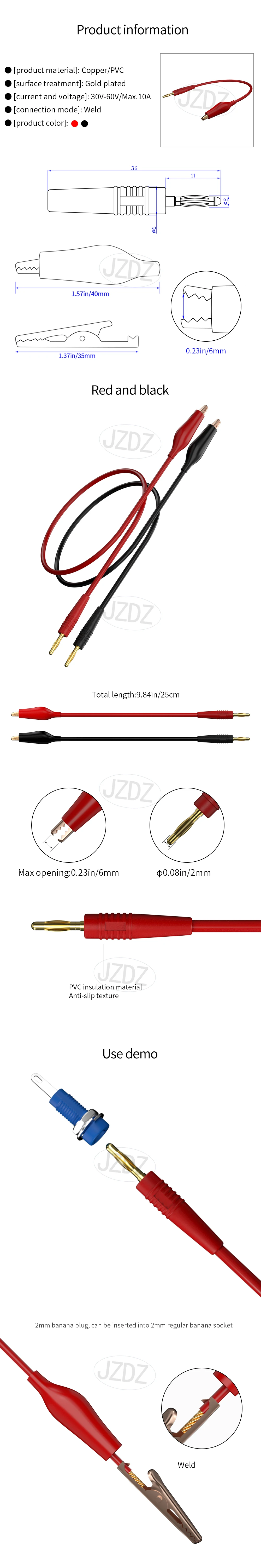 JZDZ 20 cm 2 Stück 2 mm kleiner Bananenstecker auf Krokodilklemme, Messleitung, Überbrückungsdraht, elektrisches Prüfkabel, Rot, Schwarz, J70097 – Detail 1