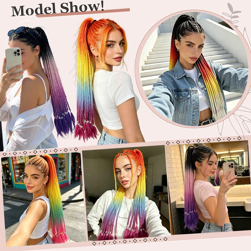 Extension per capelli a coda di cavallo intrecciata Rainbow Ombre per donna, 12 trecce sintetiche colorate con elastici per capelli - immagine 5