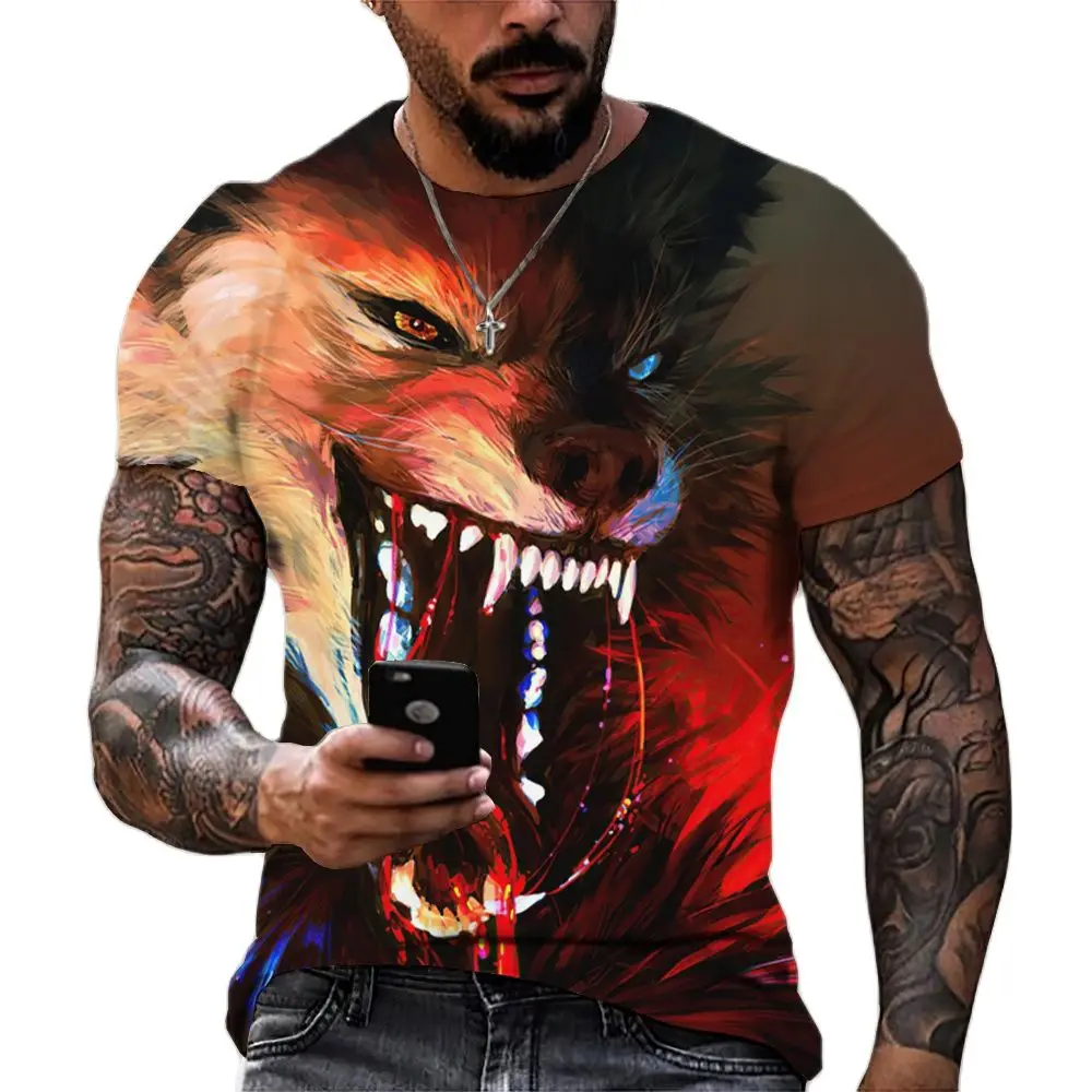 

Men's T Shirt Terror Wolf Graphic T-Shirt Hip Hop Trend Summer Clothing 3D Harajuku Animal Print Tops Casual O-neck Short Sleeve