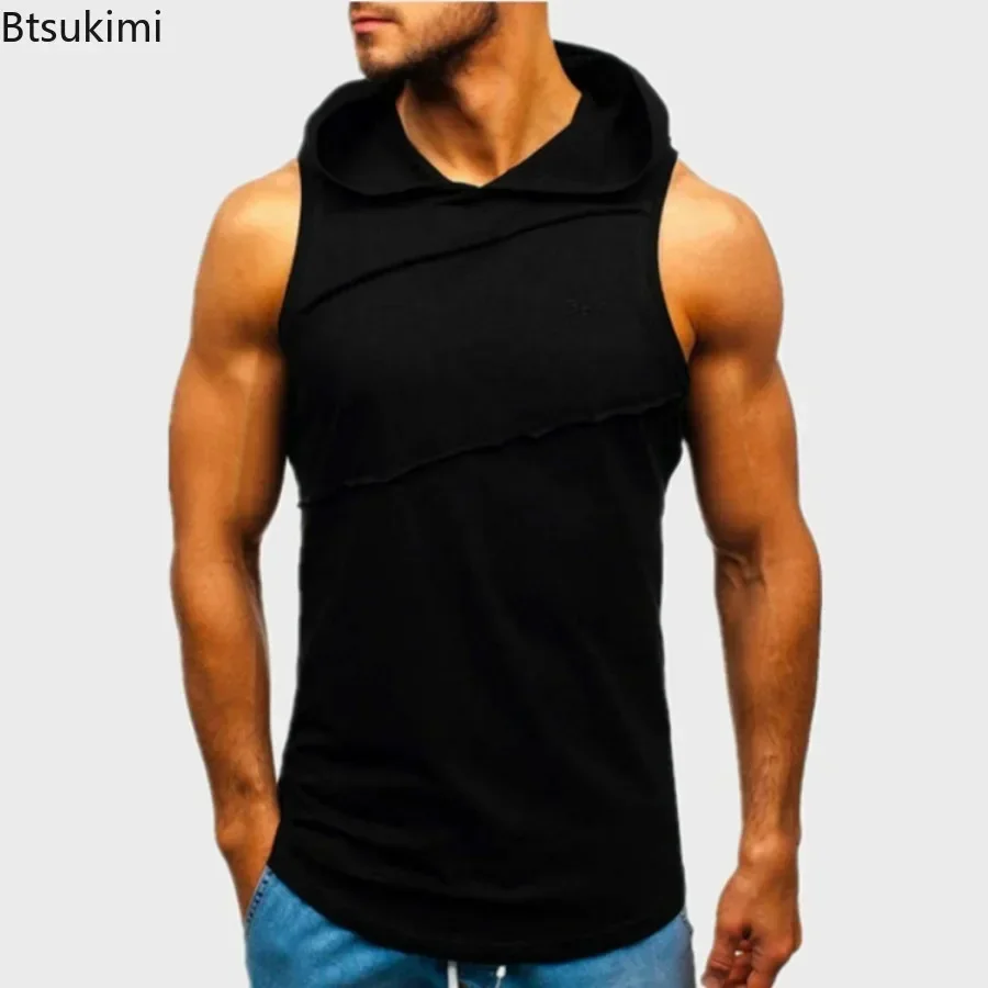 T-shirt sportiva con cappuccio moda uomo senza maniche canotte casual larghe corsa palestra fitness gilet uomo abbigliamento sportivo felpe con cappuccio da allenamento top - immagine 5