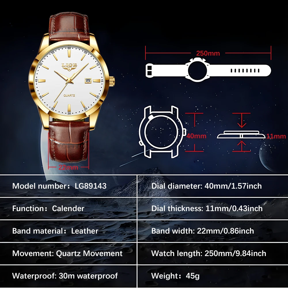 LIGE Men's Fashion Leather Chronograph Watch - Casual Waterproof Sports Timepiece