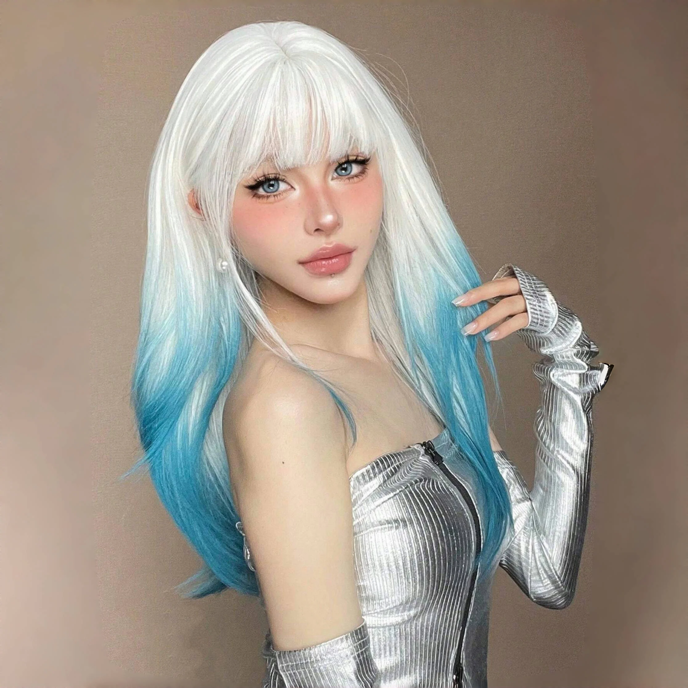 Long Straight Light Blue White Synthetic Wig with Bangs Sky Blue