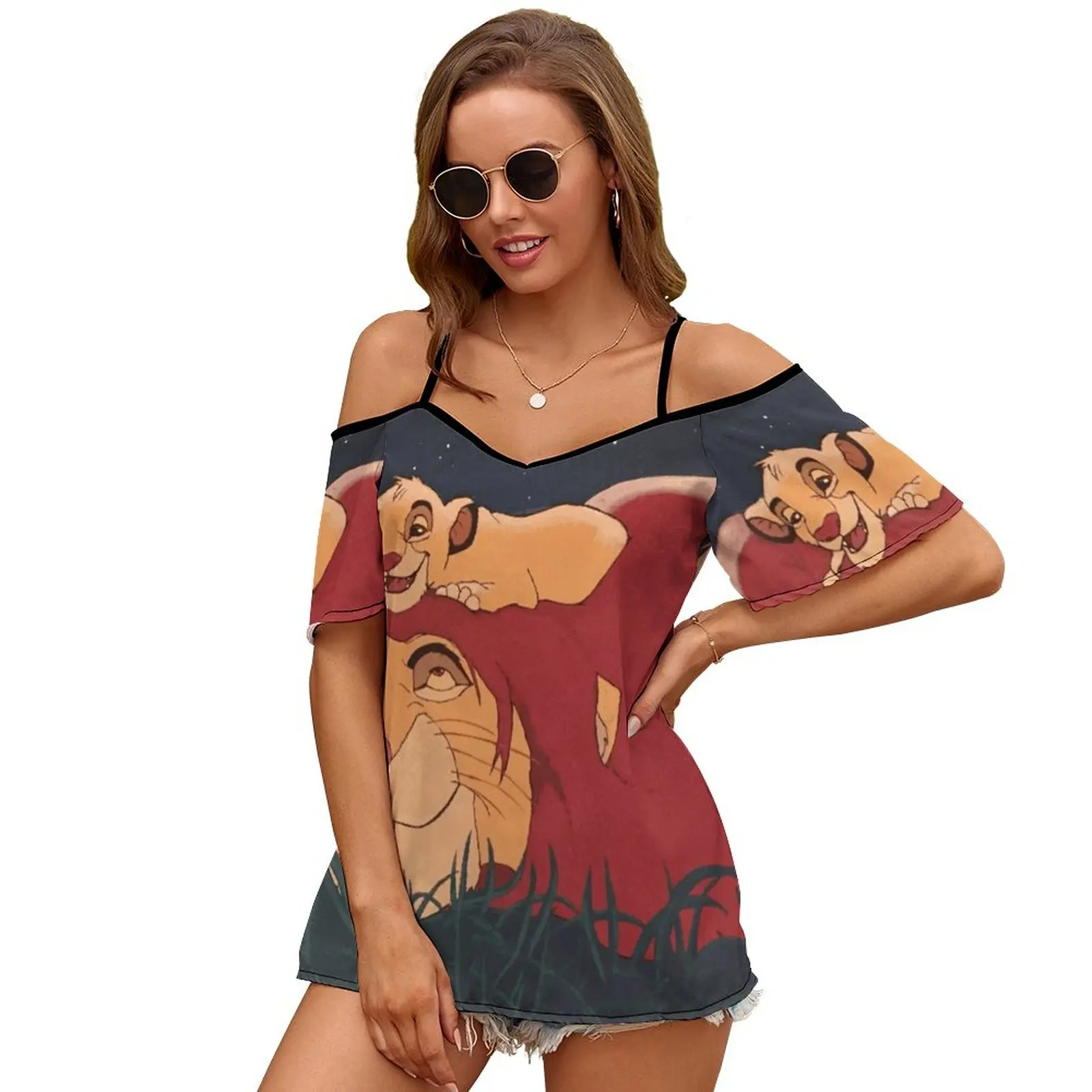 The Lion King : Mufasa E Simba Stampa O-Collo Top Spalle Scoperte T-Shirt A Maniche Corte Donna Streetwear Lion King Mufasa