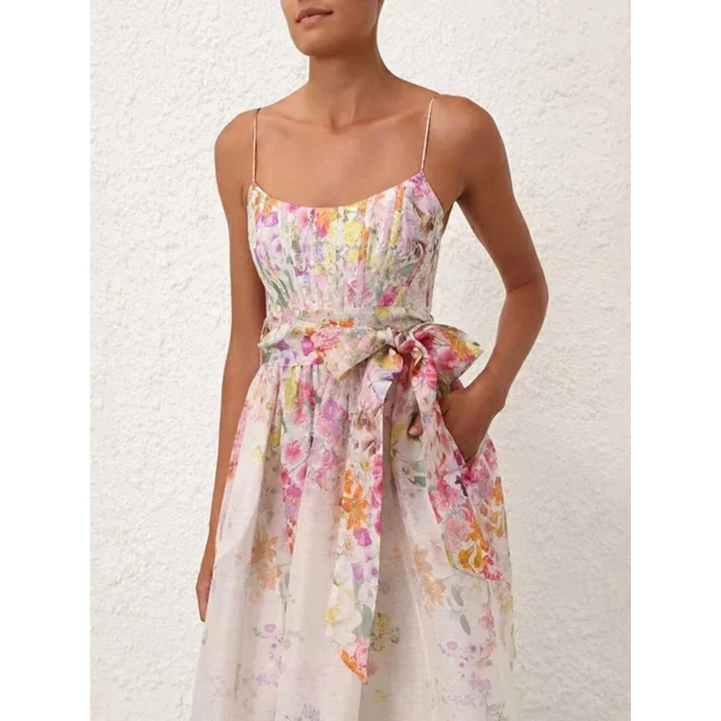 

2024Australian Niche ZIMSame Style French Retro Printed Waist Strap Dress