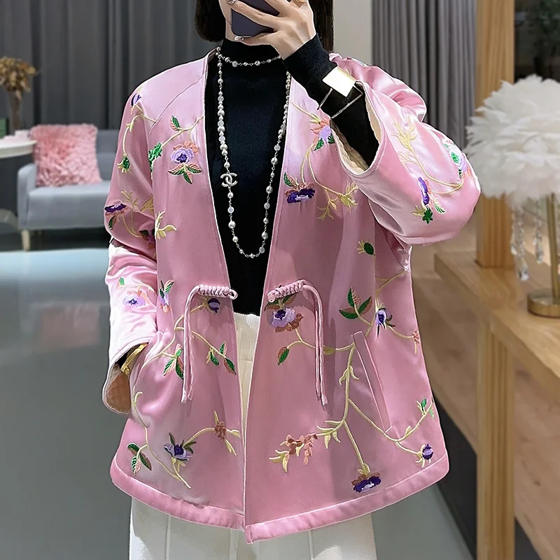

High-end Autumn And Winter Women Jacket Top Chinese Style Embroidery Elegant Lady Acetate Reversible Warm Coat Female S-XXL