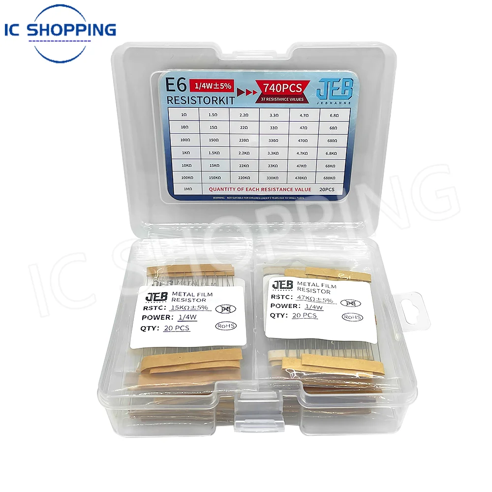 Metal Film Resistors 740PCS 1/4W Resistor Kit 37 Values 1&Omega;~1M&Omega; 0.25W 1% 5%