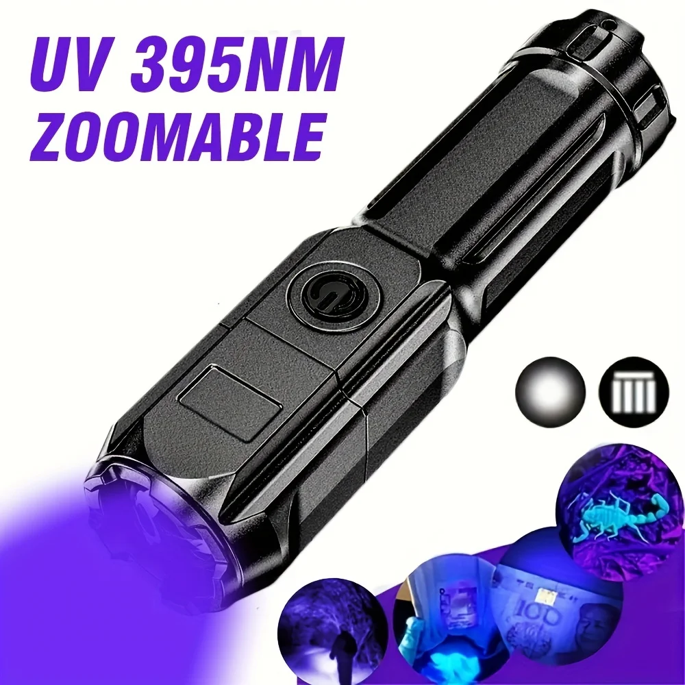 UV Flashlight Portable UV Flashlight UV395NM Zoomable ABS Torch 3 Modes Camping Ultraviolet Flashlights For Pet Stacks Fluorescent Detection