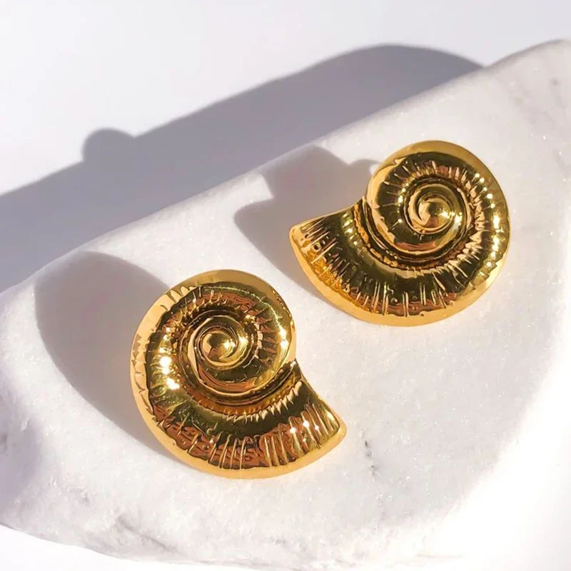 Exaggeration Ribbed Lava Textured Sea Snail Large Earrings Seashells Shell Ear Stud Vintage Jewelry for Women Gifts Waterproof