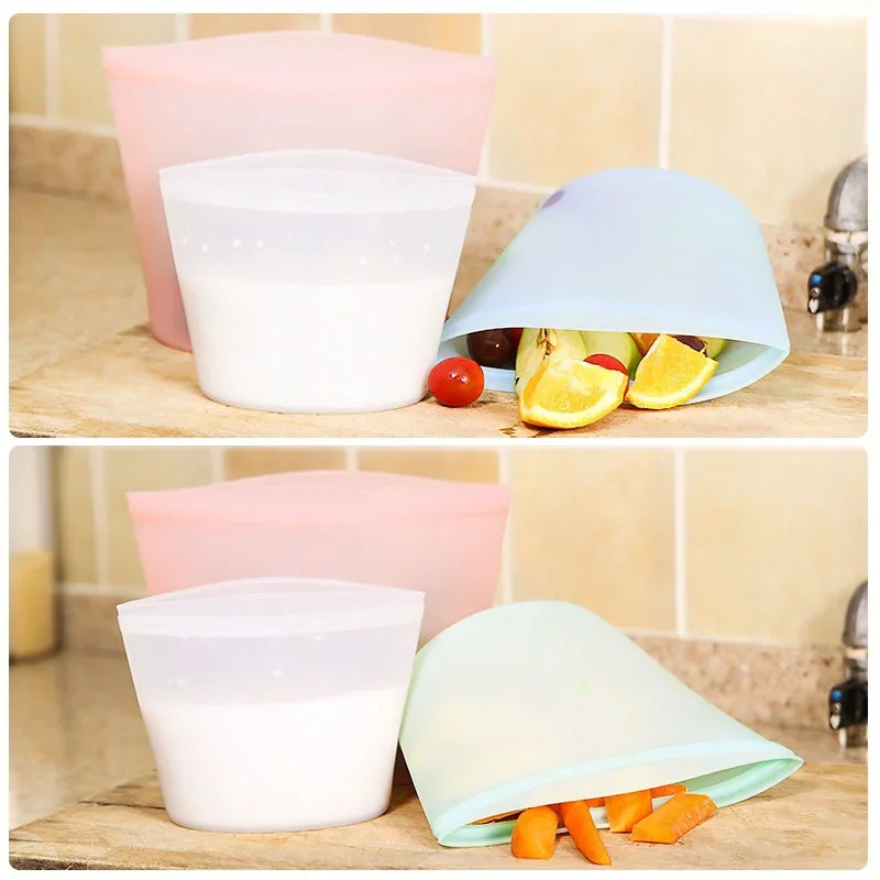 

3Pcs/ 1pcs Silicone Food Storage Bag Leakproof Reusable Stand Up Zip Shut Bag Cup Fresh Bag Food Storage Fresh Wrap
