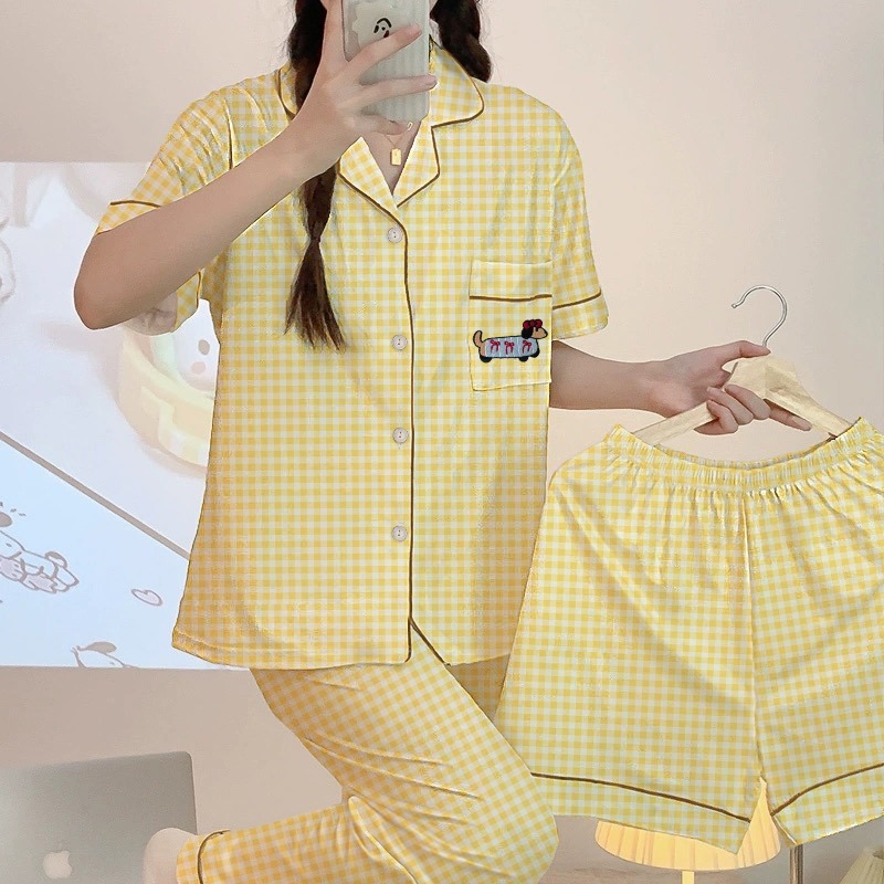 Sweet and lovely grid ladies pajamas spring and autumn season new short-sleeved shorts pants girls homewear three-piece set