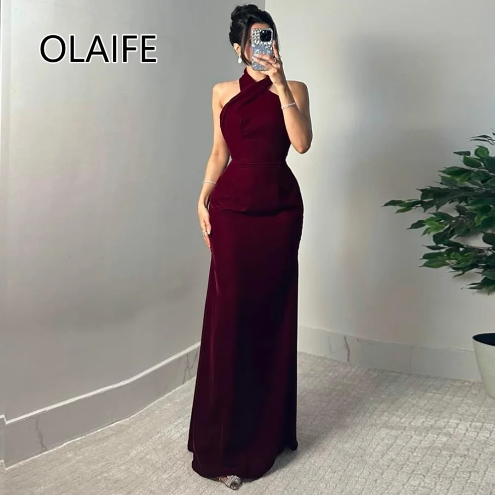 Halter Sleeveless Prom Bridesmaid Sheath Backless Floor-Length Evening Dress Saudi Arab Gown Customized