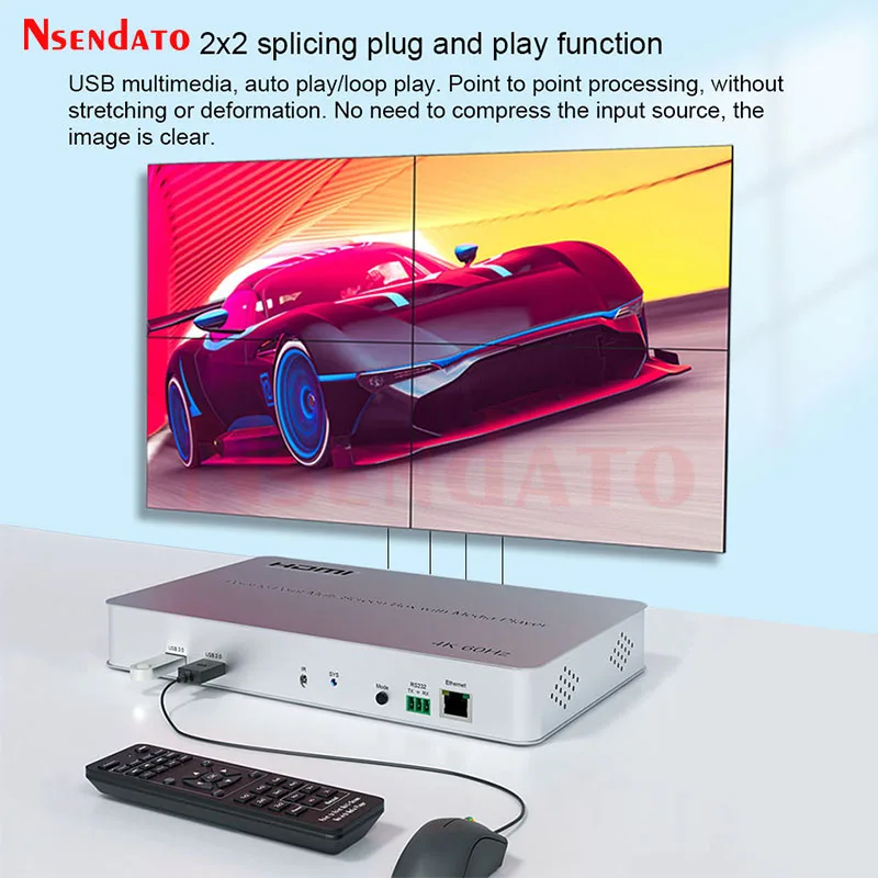 4K 60hz 2x2 Point to Point Multi-screen HDMI Splicer Box With HDMI Media Player For U Disk  vertical horizontal Screen Splicer