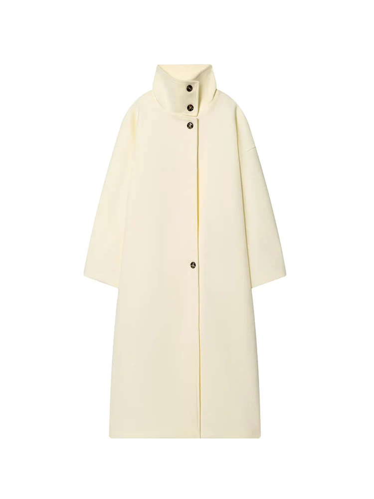 Casual Women Stand Collar Woolen Long Coat Elegant Solid Long Sleeve Single Breasted Jacket Autumn Winter New Female Coats