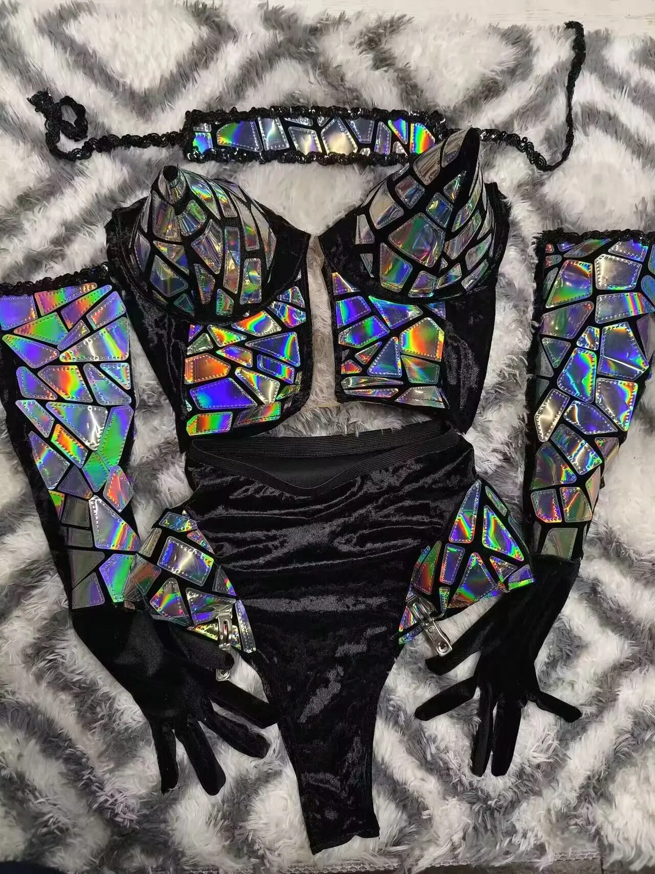 Big Chest Sexy Women Singer Outfit Laser Mirror Leather velvet Stage Show Dance Wear