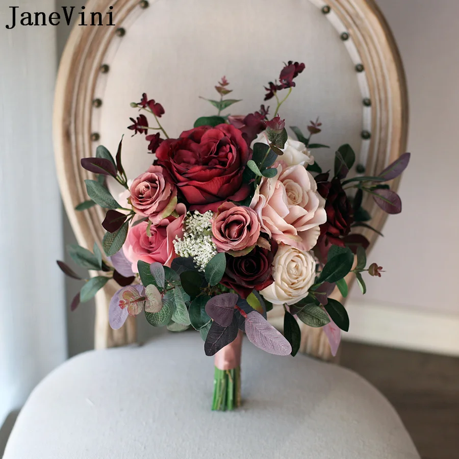 

JaneVini Vintage Burgundy Flowers Dark Red Wedding Flower Bouquet Pink Rose Artificial Bride Hand Flower Bridal Bouquet Marriage