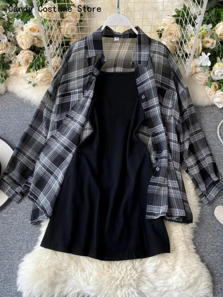 Dress Two Piece Set Long Sleeve Plaid Grey Overcoats Spaghetti Strap Slim Black Solid New Summer Autumn Casual