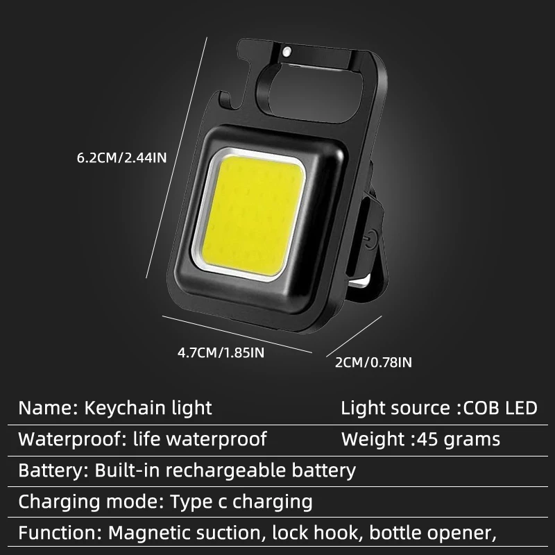 1800LM Mini COB Keychain LED Flashlight Charging Lamp Camping Lights with Magnet 4 Lighting Modes for Camping Home Bottle Opener
