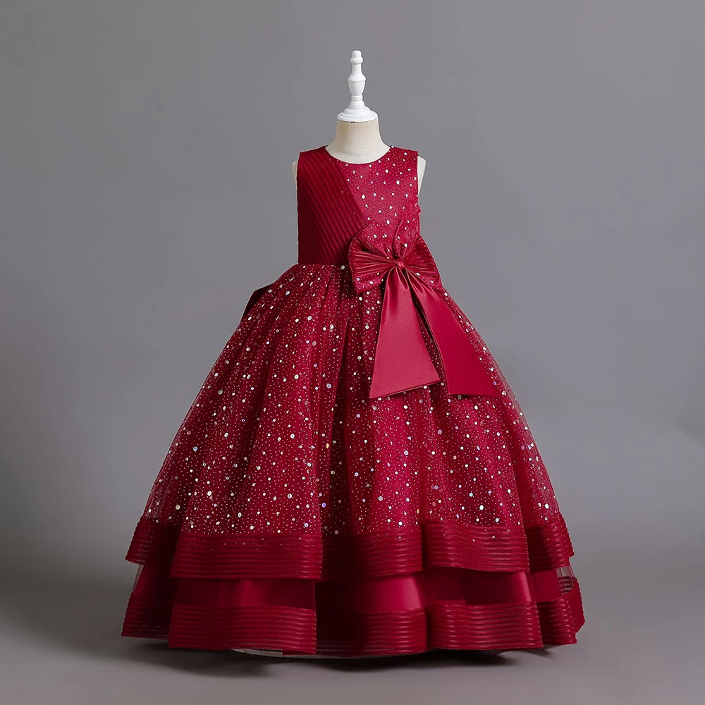 

2022 New Christmas Vestidos Evening Dress Host Costume Ball Gown Dresses For Kid Girls Bow Mesh Long Party Dress 4-13 Years Old