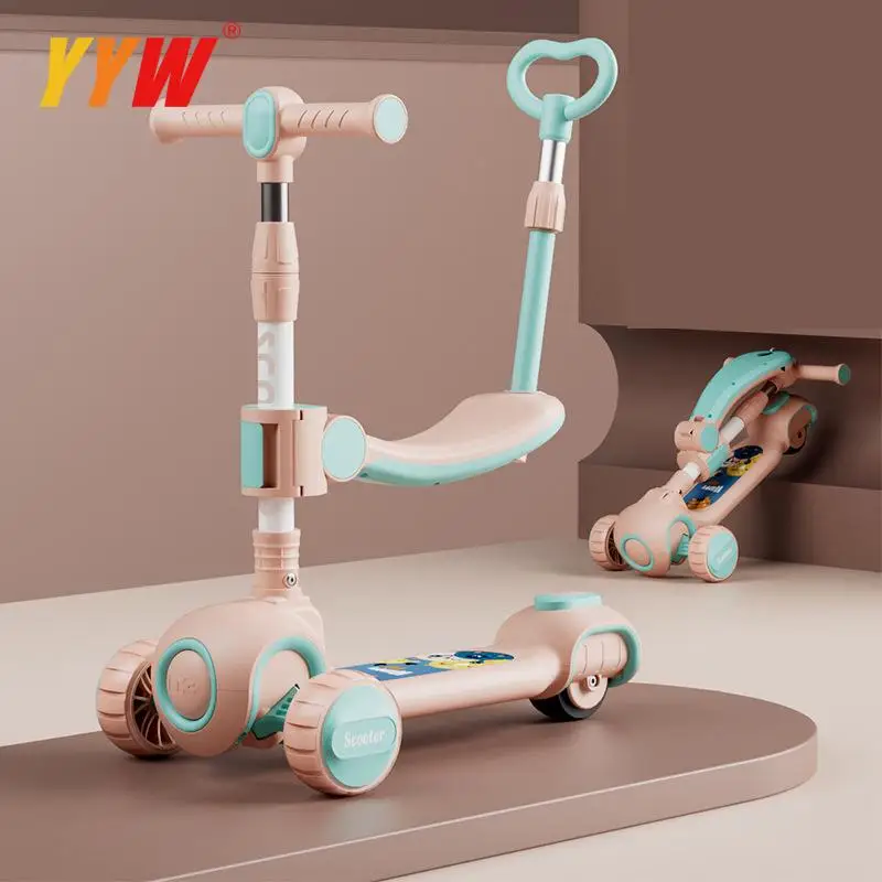 Children Scooter For 2-12 Years Children Cycling Kick Scooter With Seat And Pusher Flash Wheels Board Kid Music Pedal Scooters Adjustable Height