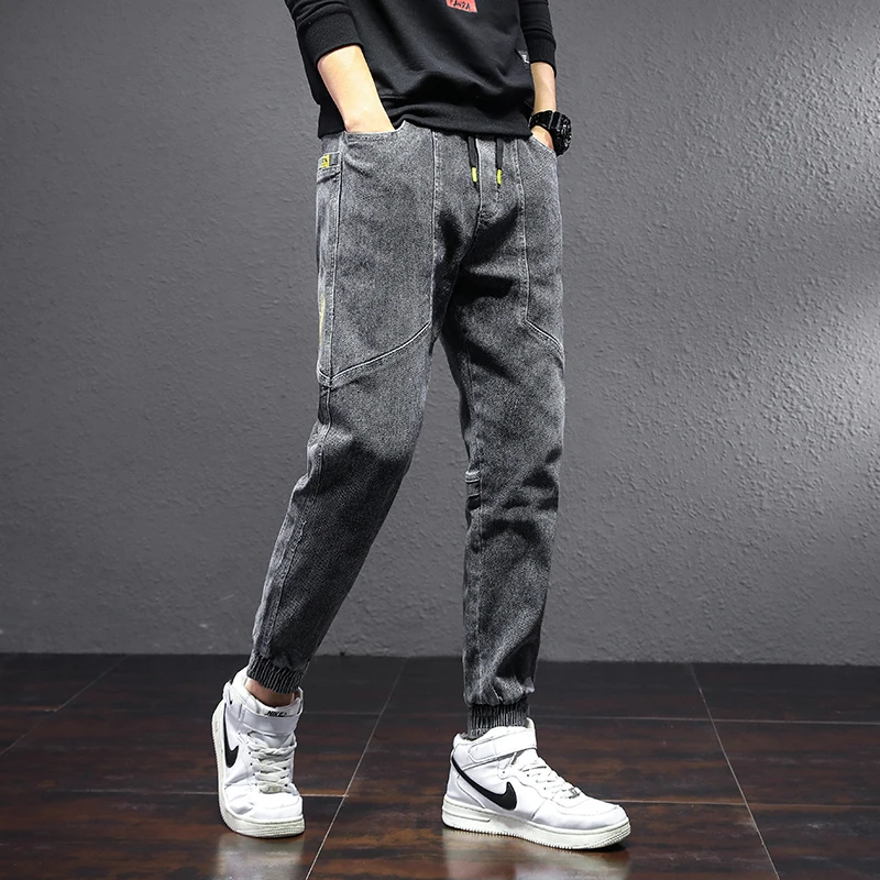 Jeans Men Summer Loose Embroidered Feet Harlan Casual Bundle Long Pants Trendy Brand Thin High Elastic Boys Match Stitching 2023