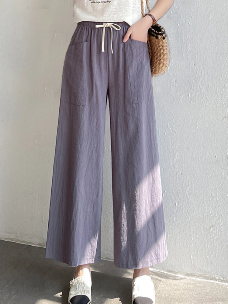 

Summer Women's Pants Cotton Linen Casual Wide Leg Loose High Waist Baggy Sweatpants Korean Ankle-length Trousers Women 2023