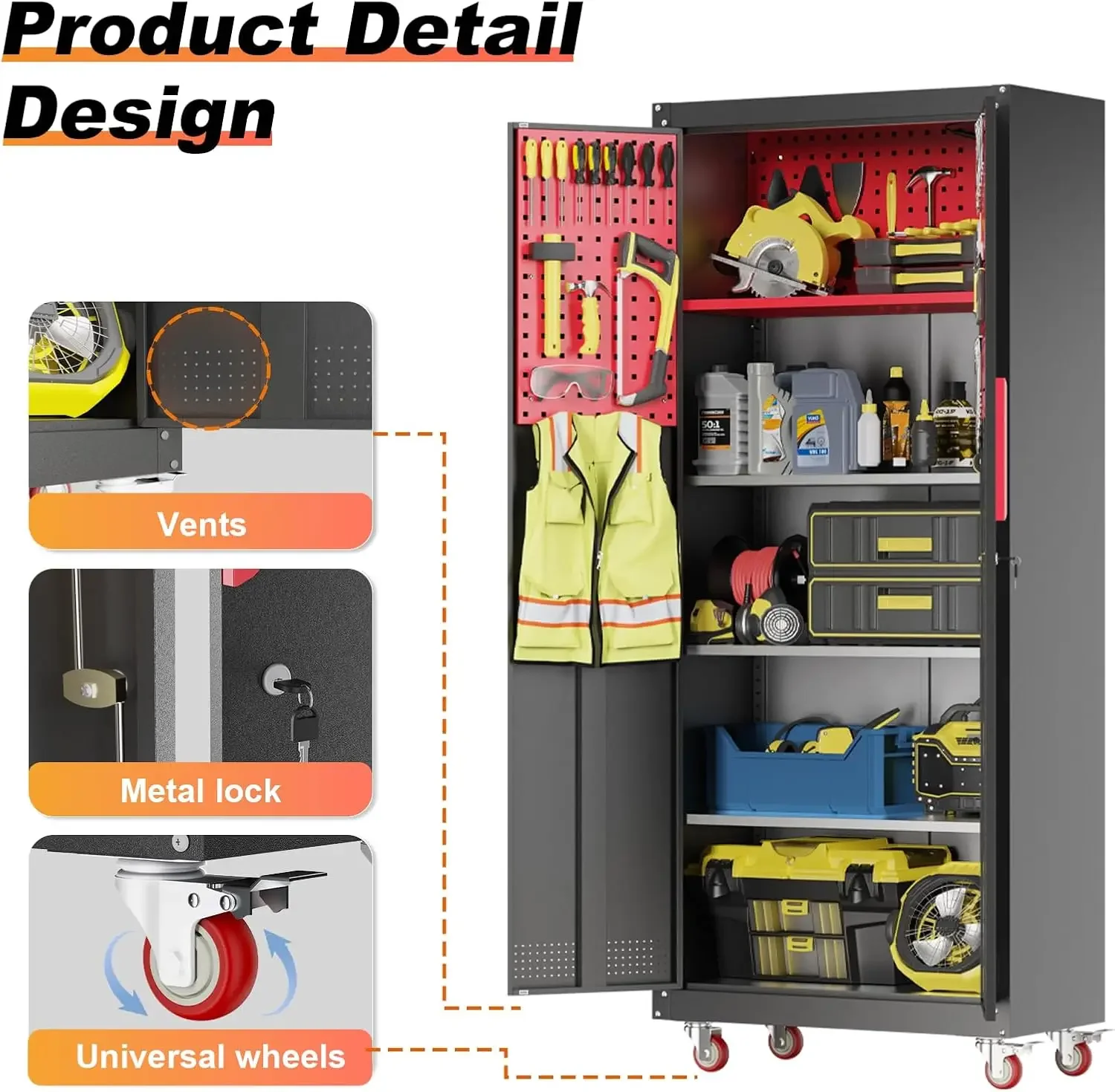 Metal Garage Storage Cabinet, Tall Garage Cabinets with 5 Adjustable Shelves, Steel Tool Storage Cabinet with Wheels,Lockable He 5