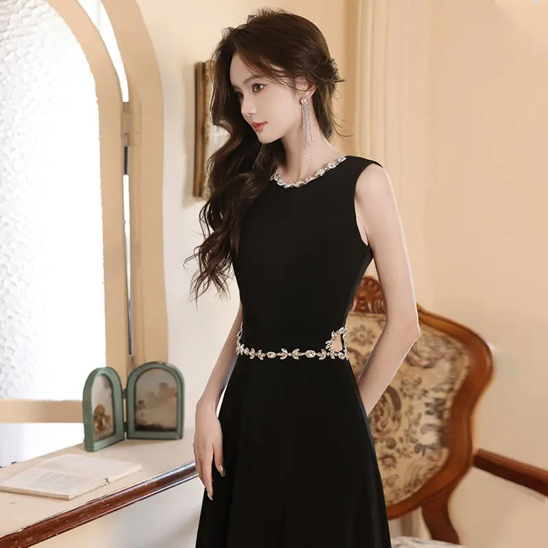 

Harajpee Evening Dresses 2024 New Black Long Strap High End Luxury Sense Celebrity Elegance Slimming Dress Host Chic Vestido