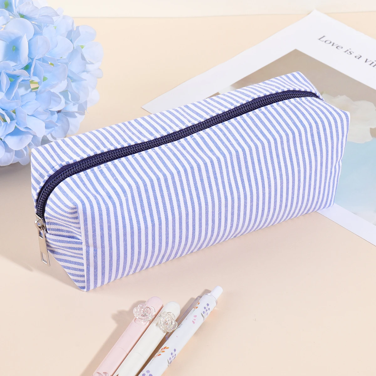 시어서커 대용량 필통, 학생용 스트라이프 패턴 학교 사무실 문구류 보관, 휴대용 캠퍼스 핸드백