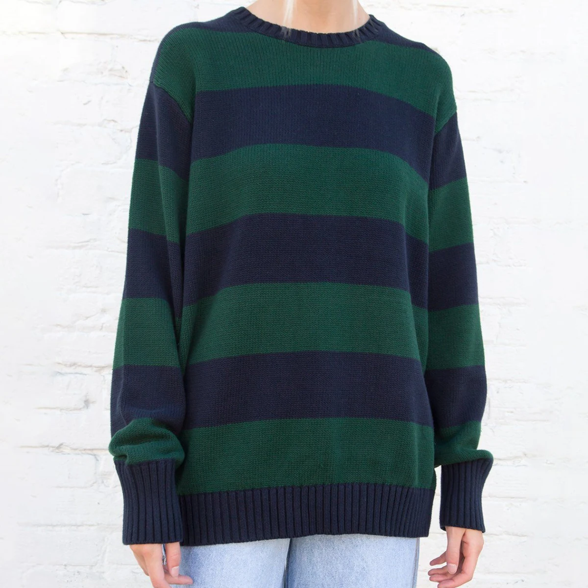 Vintage Striped Knitted Sweater Women Autumn Casual Oversize Drop Shoulder Sweater Femme Retro Streetwear Cotton Tops Chic green cardigan Sweaters