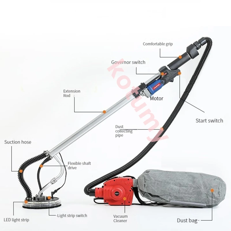 Electric Wall Polishing Grinding Machine Drywall Sander Long Rod Putty Sander Wall Polisher LED Light