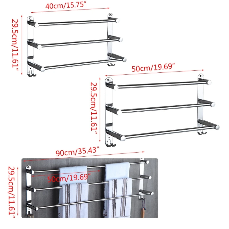 E5BE Stretchable Adjustable Stainless Steel Towel Bar 3-Tier Flexable Bathroom Rack Wall Mount Hand Towel Hanger Holder