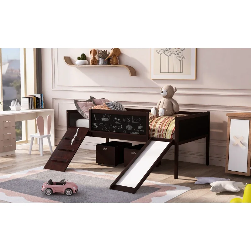 

Twin Size Loft Bed Wood Bed with Two Storage Boxes, Slide and Chalkboard, Suitable for Children's Room - Espresso