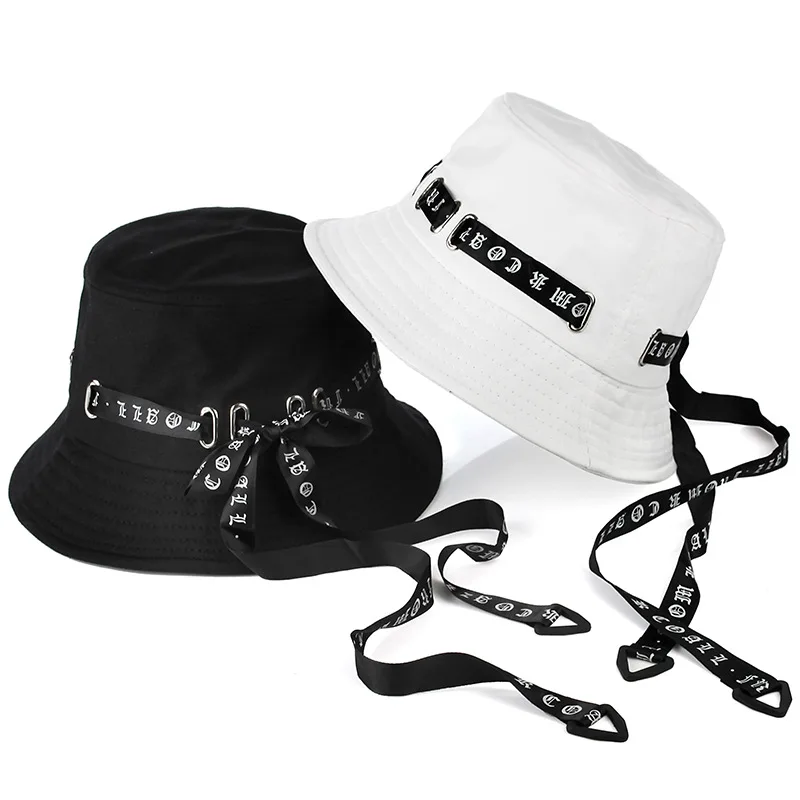 INS Fhion Woman Summer Fisherman Haruku Letter Long Ribbon Sunshade Hat Versatile Couples Trendy Bin Black Caps_voghion.com