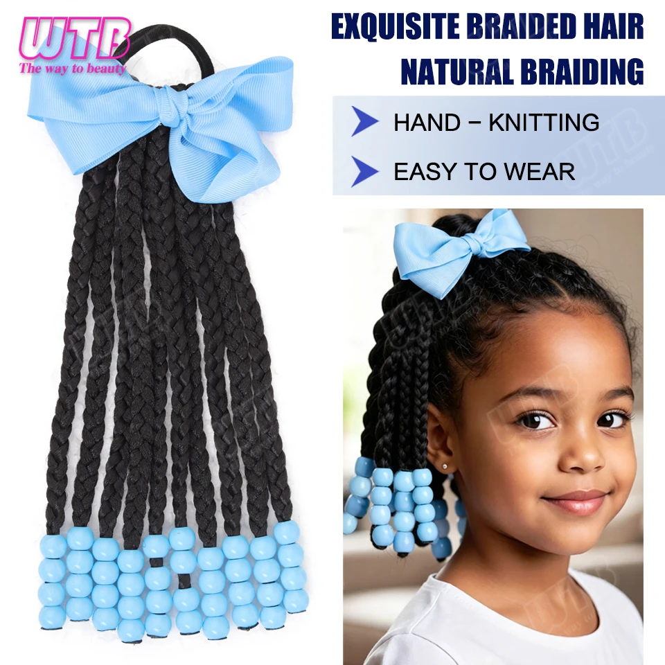 WTB Bow-adorned Braided Synthetic Wig Elastic Band Style Children's Ponytail Wig Short Ponytail Wig Suitable for Everyday Wear 2