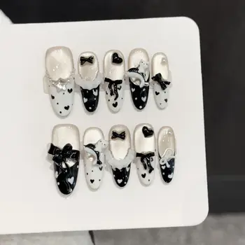 10pcs Pure Hand Pressed Long Oval Nail Art,Nice Fake Nail,Black And White Cat's Eye With Cat Bow Love Polka Dots,Ideal For Women 1