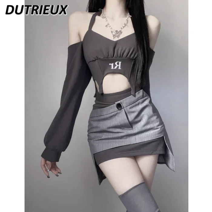 

Y2k Millennium Hot Girl Short Halter Off-the-Shoulder Top + Asymmetric Short Skirt Outfit Female Slimming Two-Piece Suit