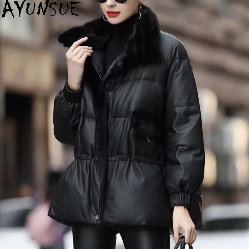 

High AYUNSUE Quality Genuine Leather Down Jacket Women Real Sheepskin Coat Ladies Winter Coats and Jackets Mink Fur Collar