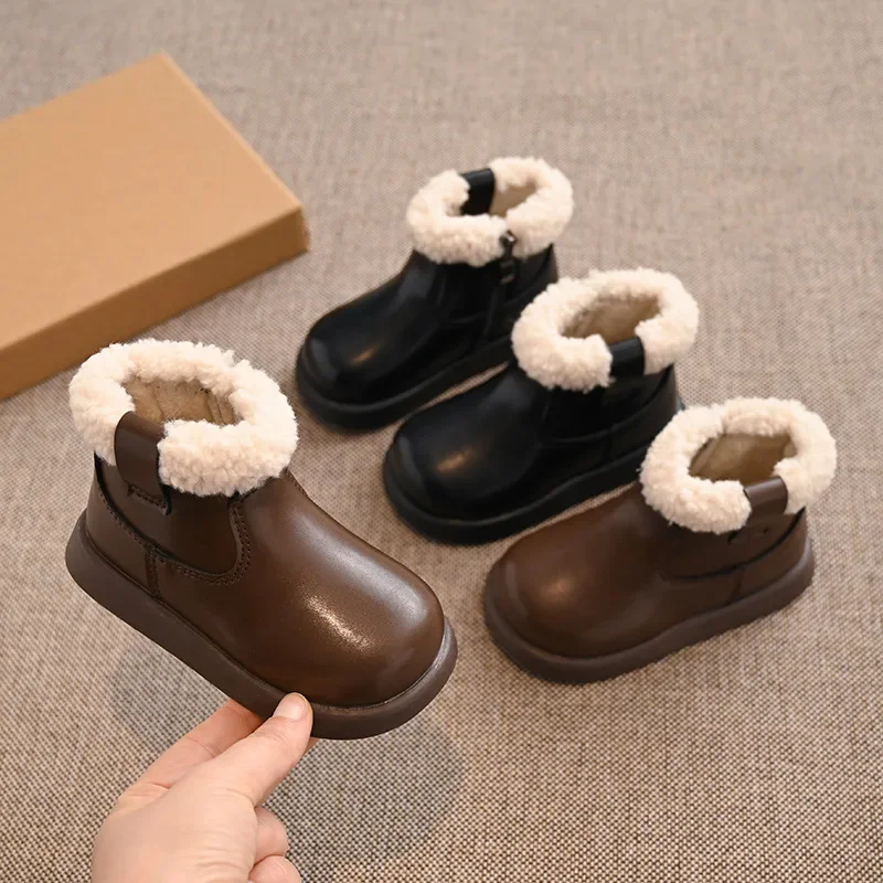 Kids Short Boots with Fur Soft Sole Non-slip Girls Princess Shoes with Side Zip 2025 Winter New Fashion Children Ankle Boot Warm