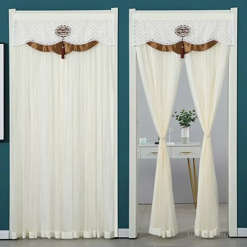 Punch-Free Mosquito Screen Door Curtain, Breathable Bedroom Partition Curtain, Double Layer Opaque Yarn Lace Door Curtain, 1Pc