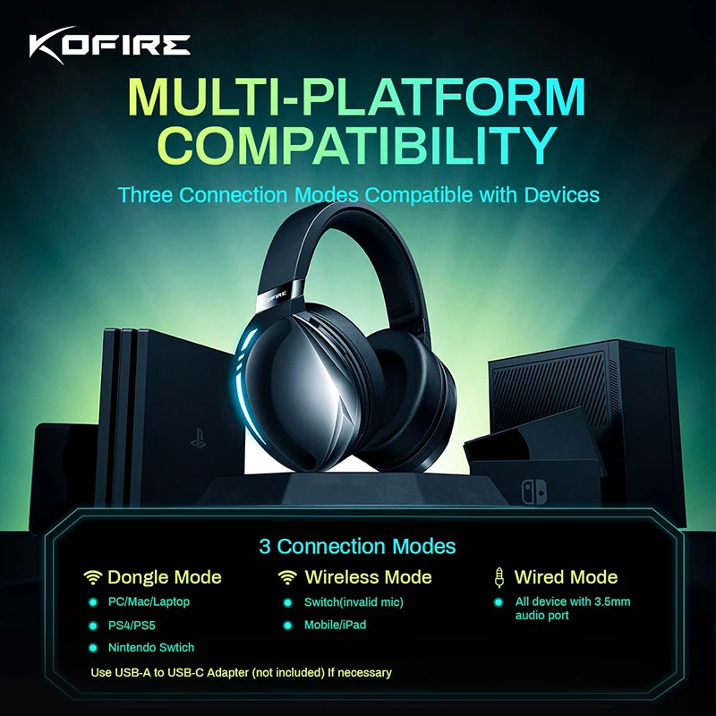Kofire-ワイヤレスゲーミングヘッドホン,PC用有線ヘッドセット