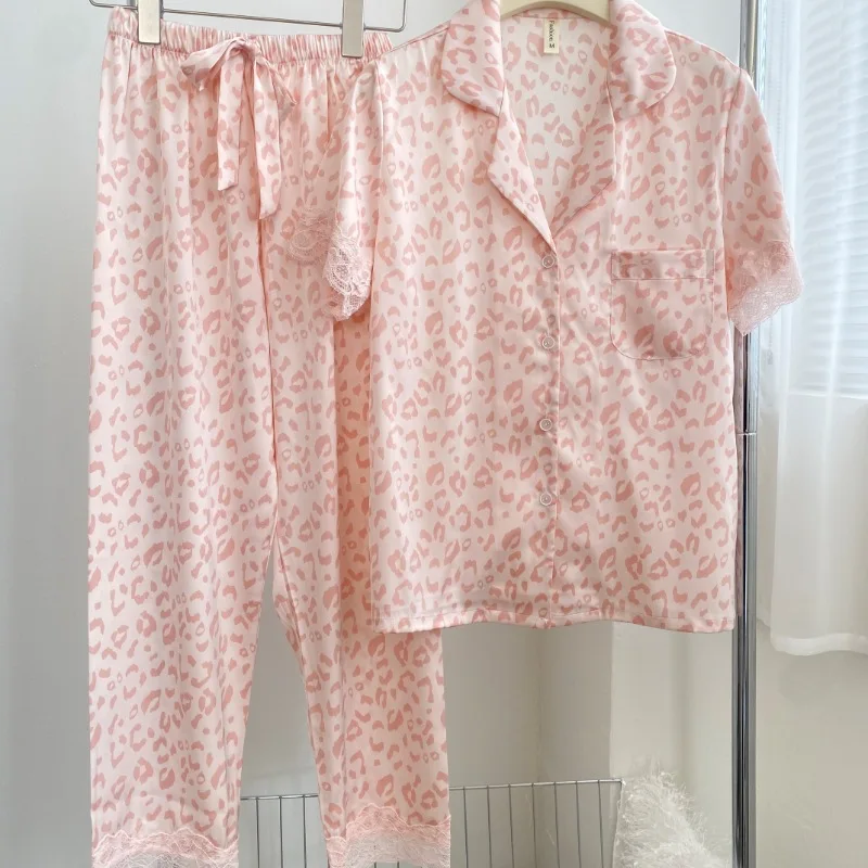 

Women's Satin Pink Leopard Print Pajamas Set Short Sleeve Top And Pant Set Button-Down Sleepwear Loungewear Two Piece Set Pijama