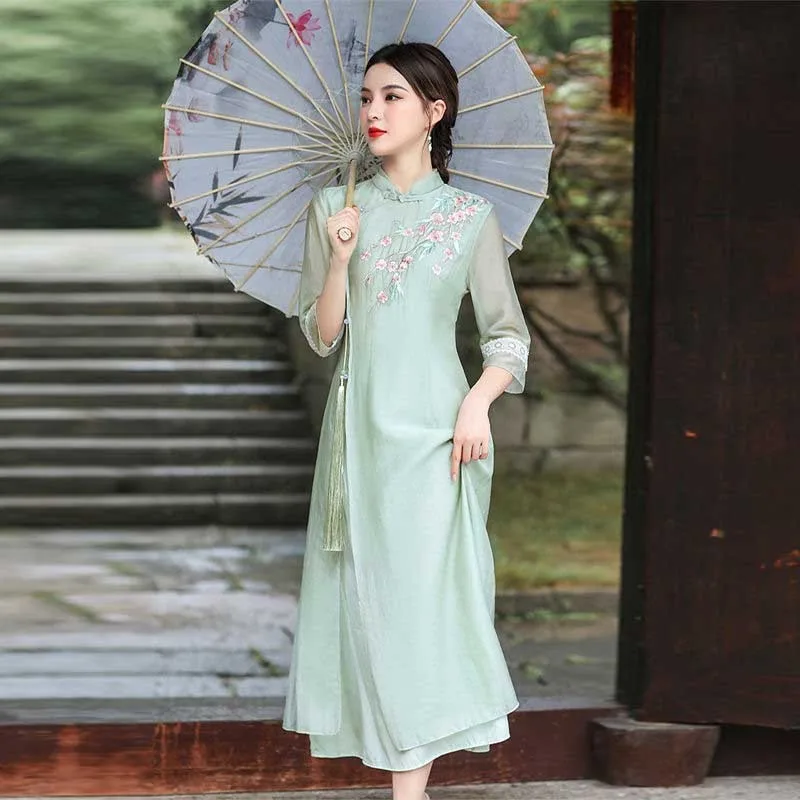 Half Sleeve Embroidery Improved Hanfu Cheongsam Dress Slim Young Girl