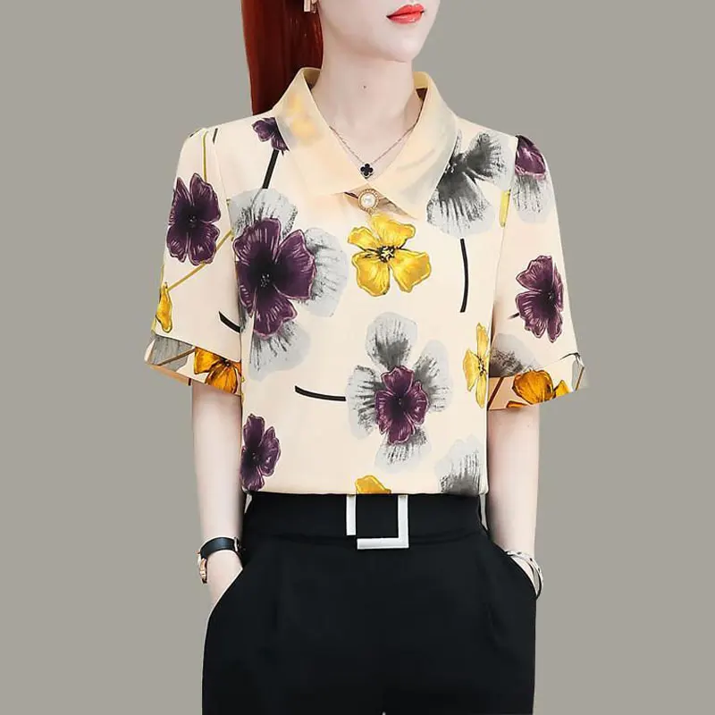 Office Lady Sweet Peter Pan Collar Blouse Summer New Loose Fashion Floral Printed Female Chic Three-dimensional Decoration Shirt