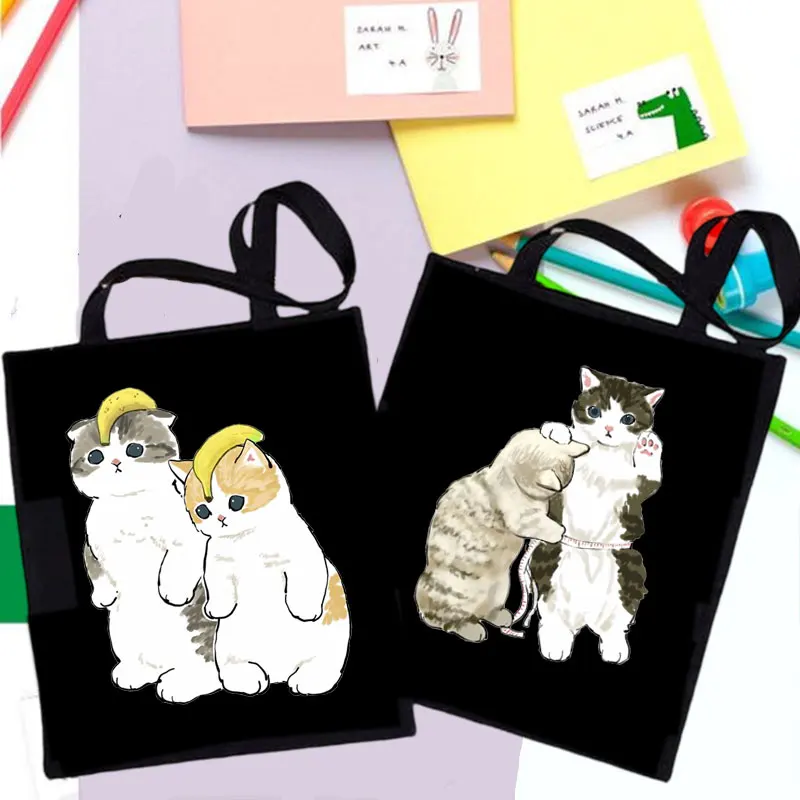 

Harajuku Shopping Canvas Shopper Bag girl handbag Tote Shoulder Lady Bag Kawaii Canvs bag Cartoon Cats Printed Kawaii Bag