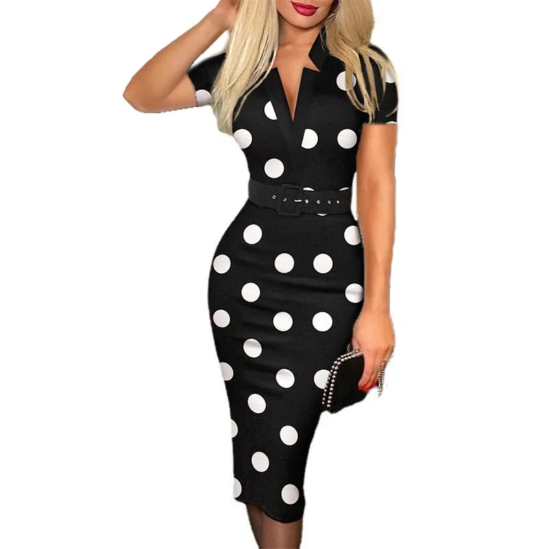 GLOA Women's Polka Dot Bodycon Dress - V-Neck, Puff Sleeve, Knee Length Party Club Dress - View #9