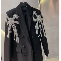 SuperAen Loose Bow Design Casual Suit Black Blazer Women's Spring Autumn High Street Black Blazer for Women