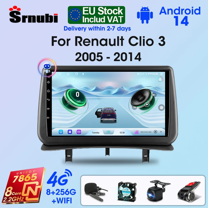 Srnubi Für Renault Clio 3 2005-2014 Android 14 Auto Radio Multimedia Player GPS Navigation 2Din 4G Carplay RDS Stereo Autoradio